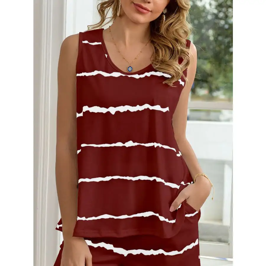 Striped Round Neck Tank and Shorts Lounge Set