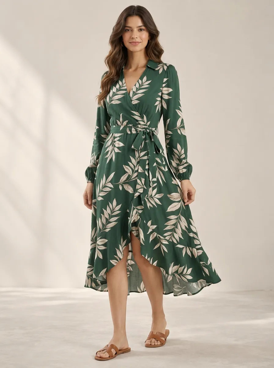 Women's Weekend Botanical Leaf Wrap Printed Dress