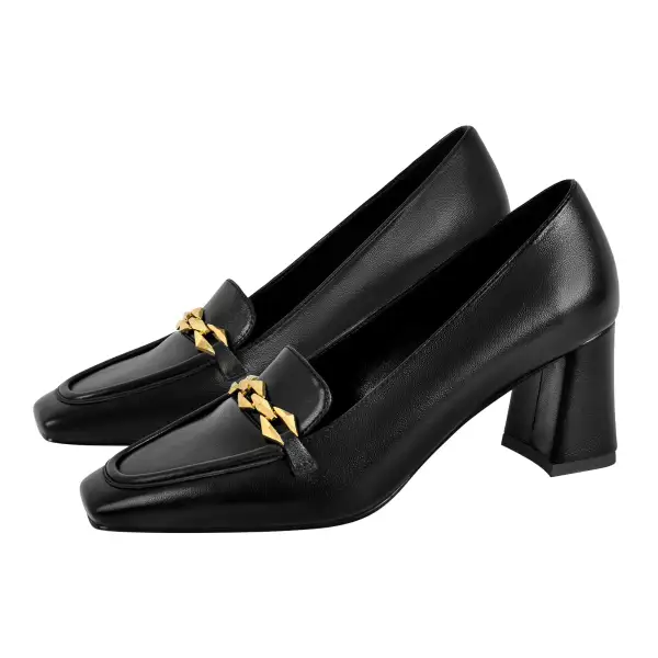 Square Toe Chunky Heel Chain Accent Pumps