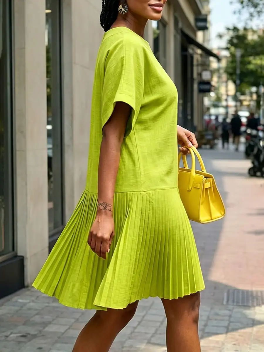 Relaxed Short Sleeve Pleated Solid Color Split Joint Round Neck Mini