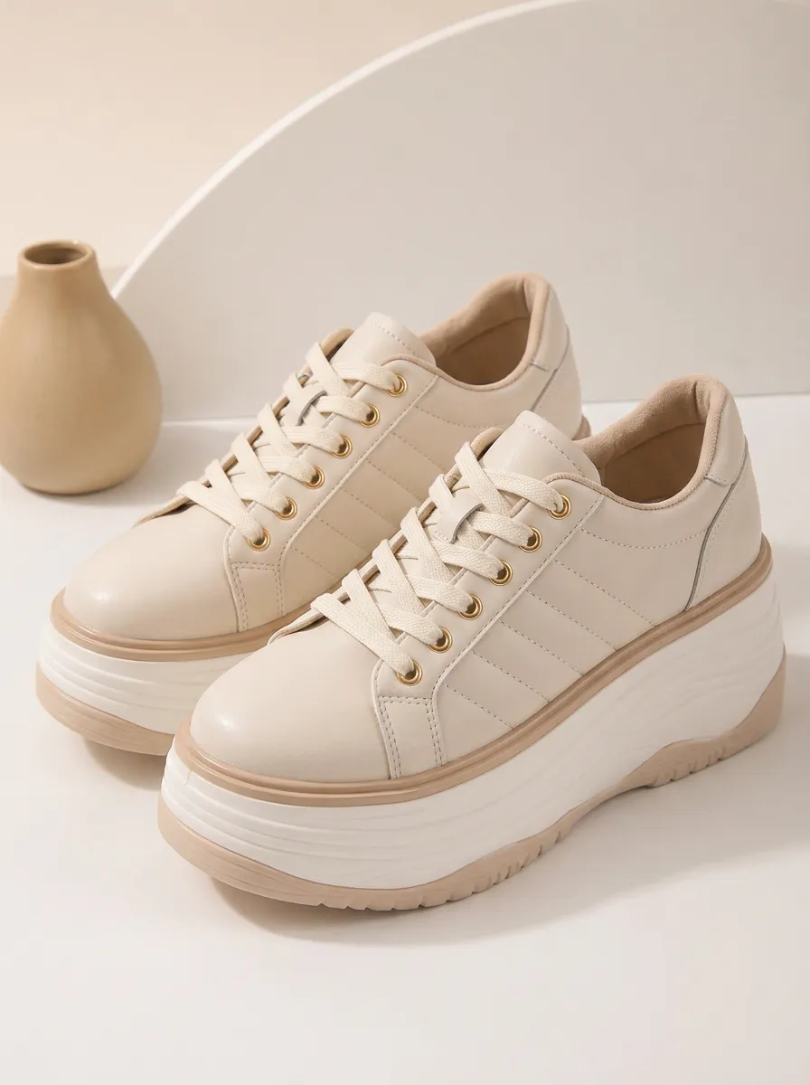 Lace-Detail Quilted Lace-Up Low-Top Women's Chunky Platform Shoes