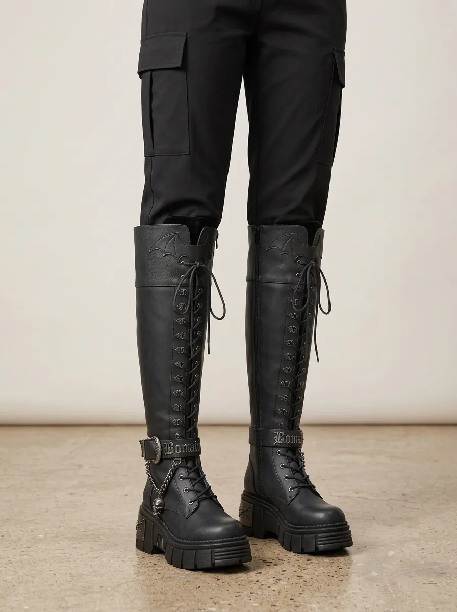 Modern Gothic Skull Bat Chain Alternative Look Women's Gothic Platform Boots