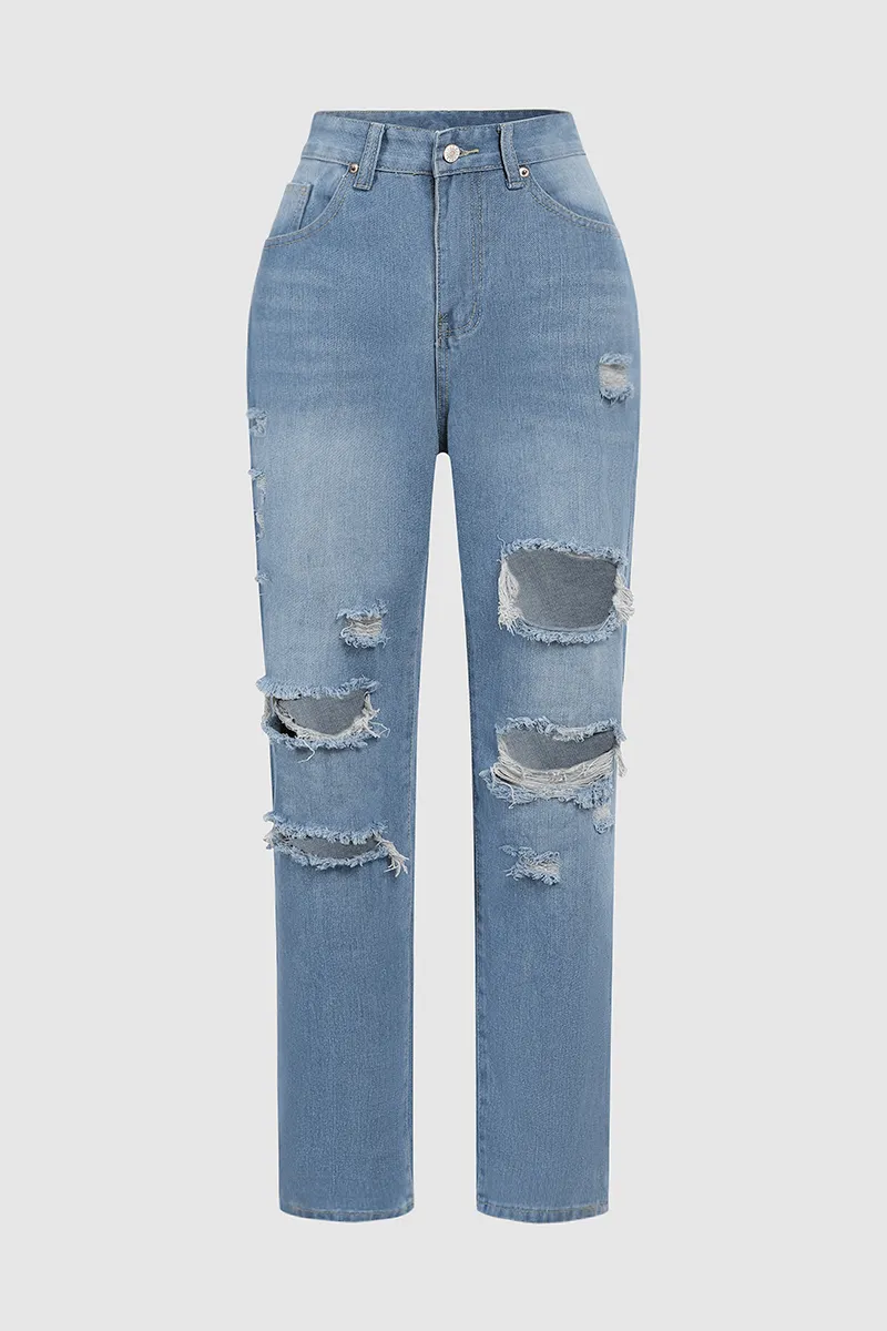 Distressed Mid Waist Straight Leg Jeans