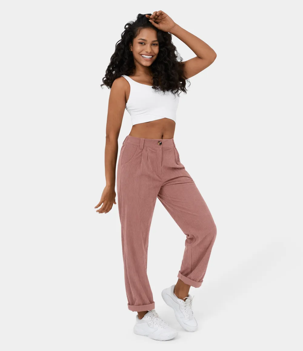 Mid Rise Button Zipper Side Pocket Corduroy Casual Pants