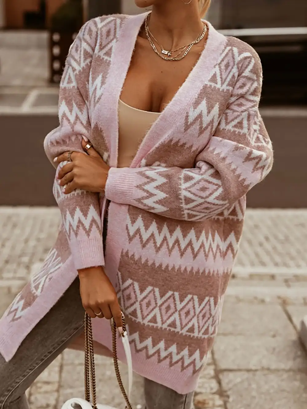 Boho Graphic-Knit Long-Sleeve Cardigan