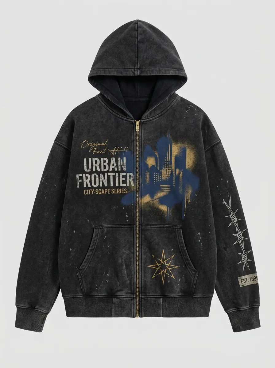 Unisex Streetwear Urban Frontier Cityscape Barbed Wire Printed Zip Hoodie