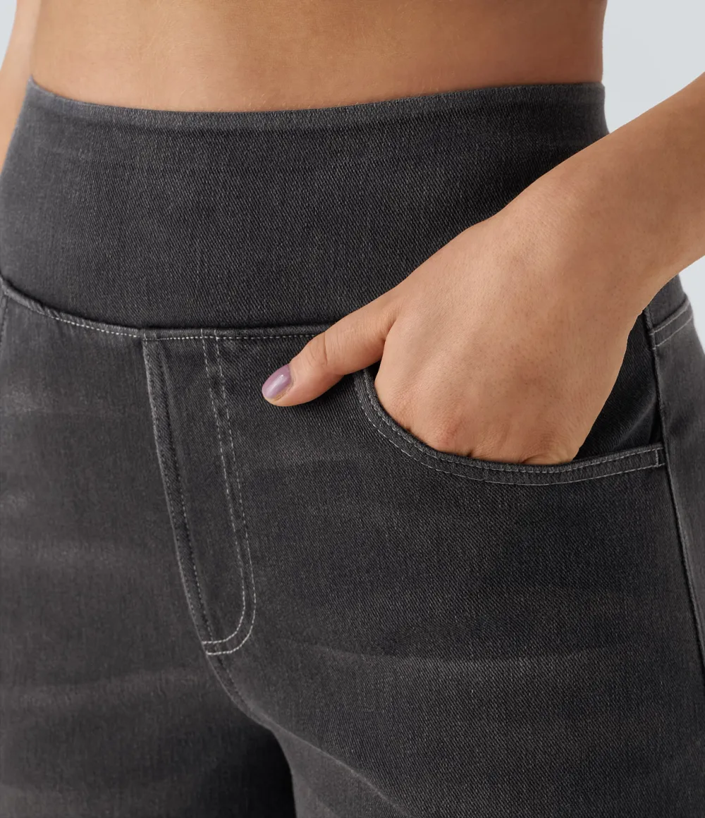 Magic High Waisted Multiple Pockets Wide Leg Washed Stretchy Knit Casual Jeans