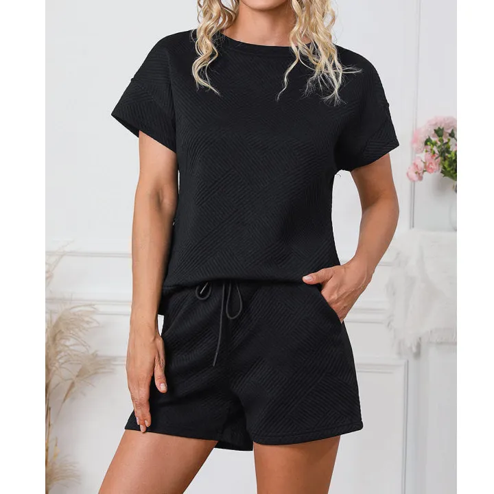 Textured Round Neck T Shirt and Shorts Set