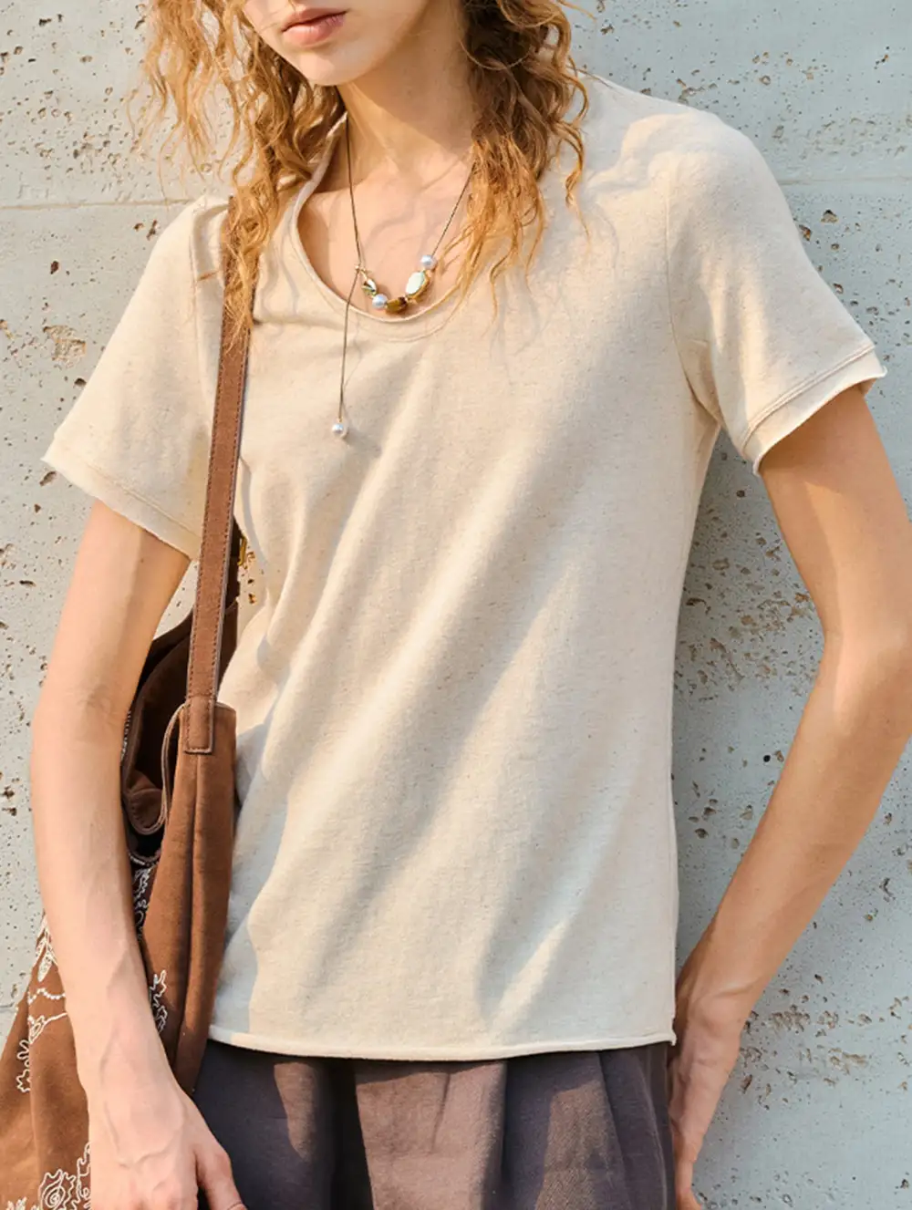 Linen Blend V Neck Knit Tee