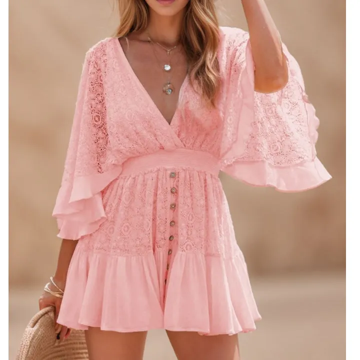 Lace Cutout Half Sleeve Mini Dress