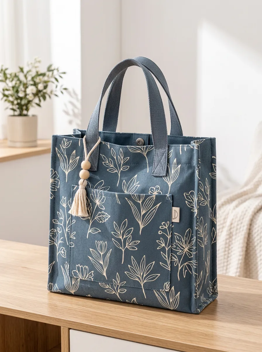 Women's Botanical Floral Line Art Structured Printed Canvas Shoulder Tote Bag