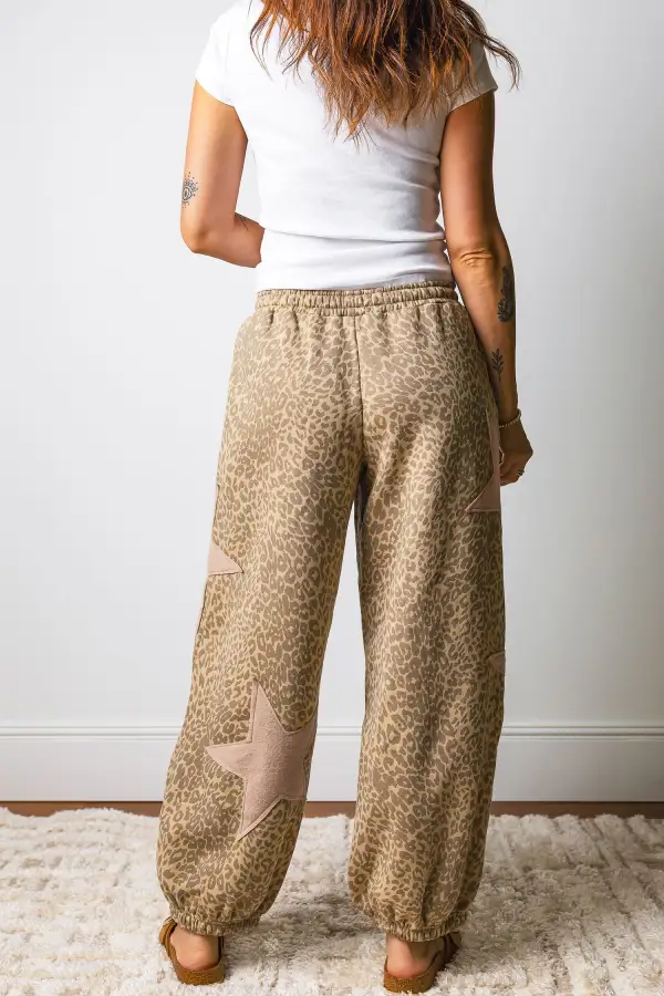 Leopard Print Star Patched Drawstring Elastic Waist Jogger Trousers