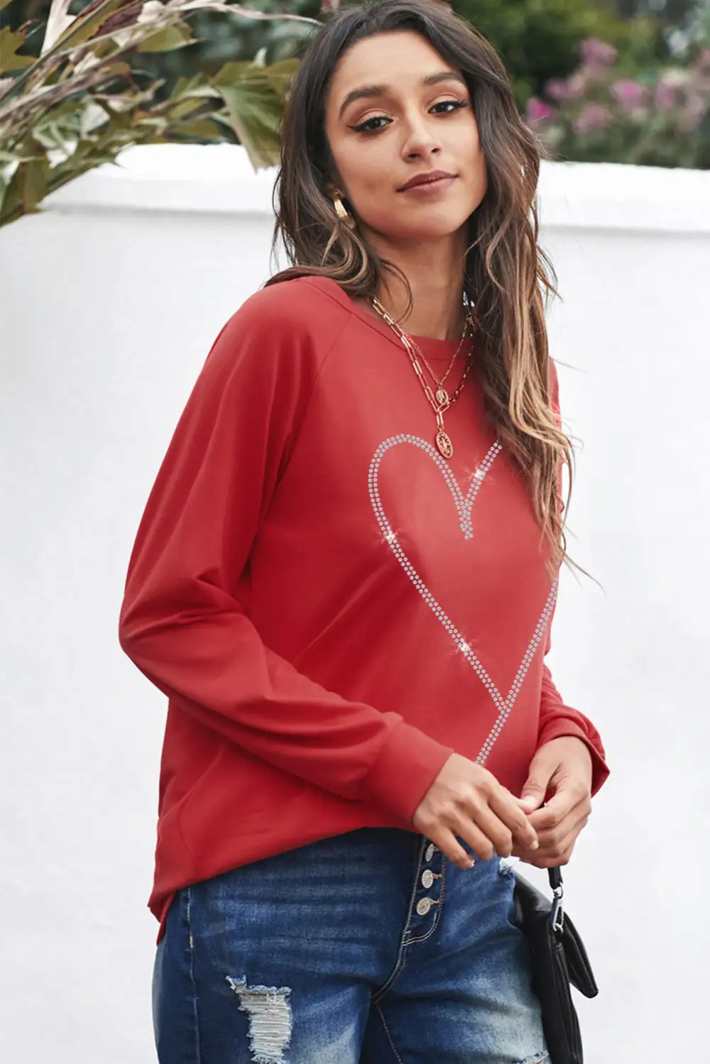 Rhinestone Heart Shaped Long Sleeve Sweatshirt