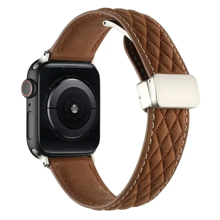 Rhombus Pattern Magnetic Folding Buckle Leather Watch Band for Watch Series 7 45 mm - Dark Brown