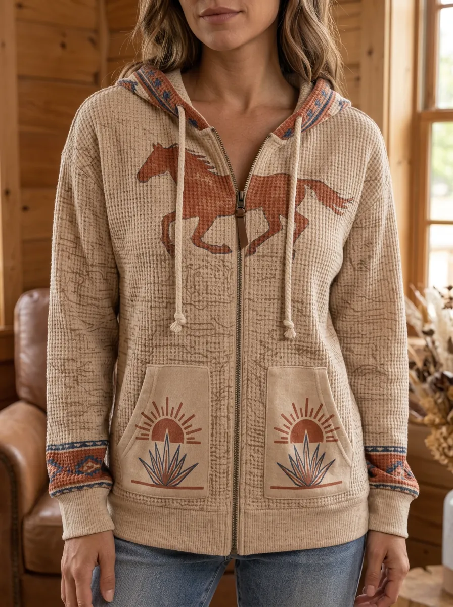 Women's Western Horse Sunset Signature Pattern Waffle Zip-Up Hoodie