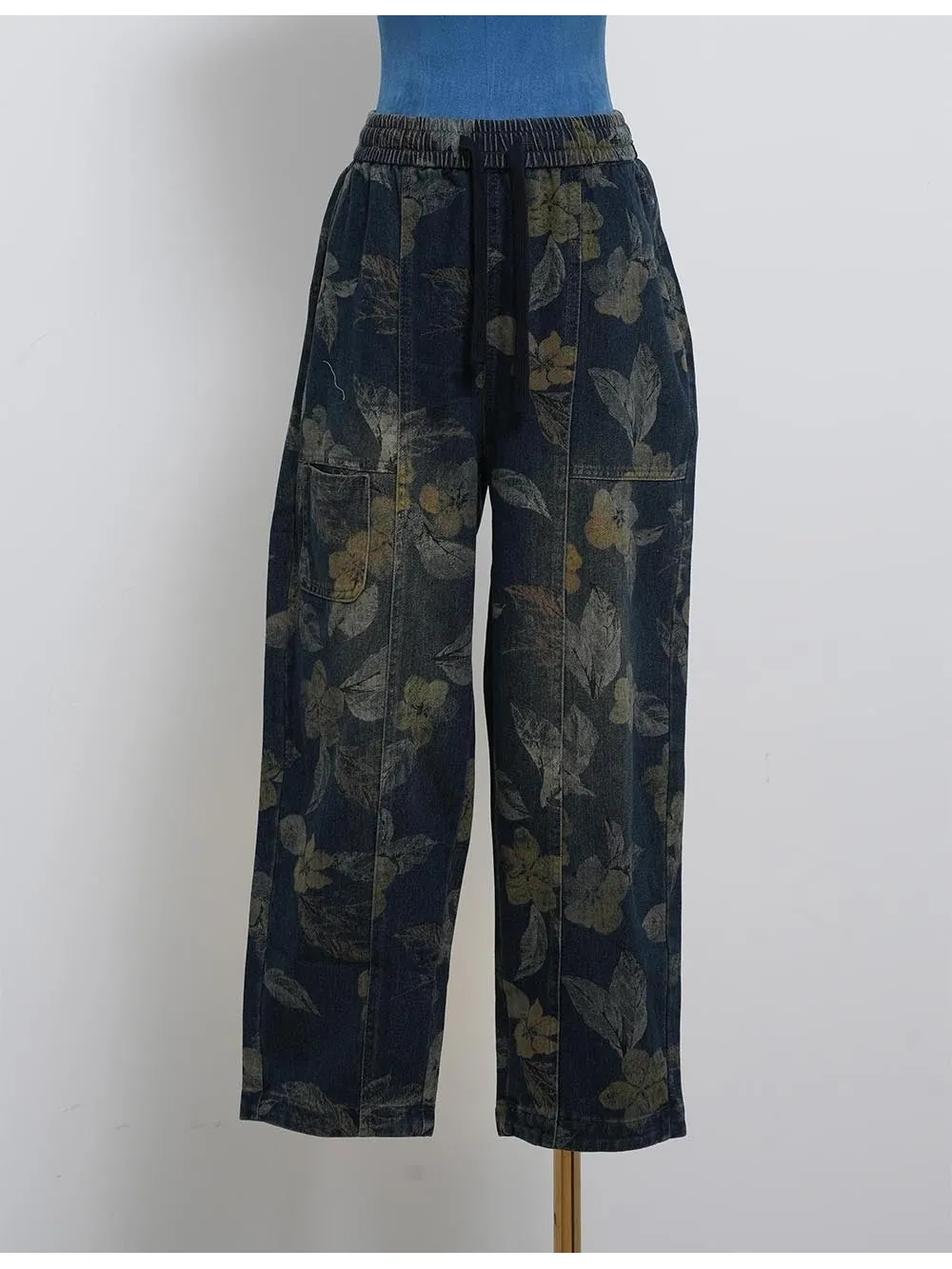 Graphic Elastic Waist Barrel Leg Denim Easy Pants
