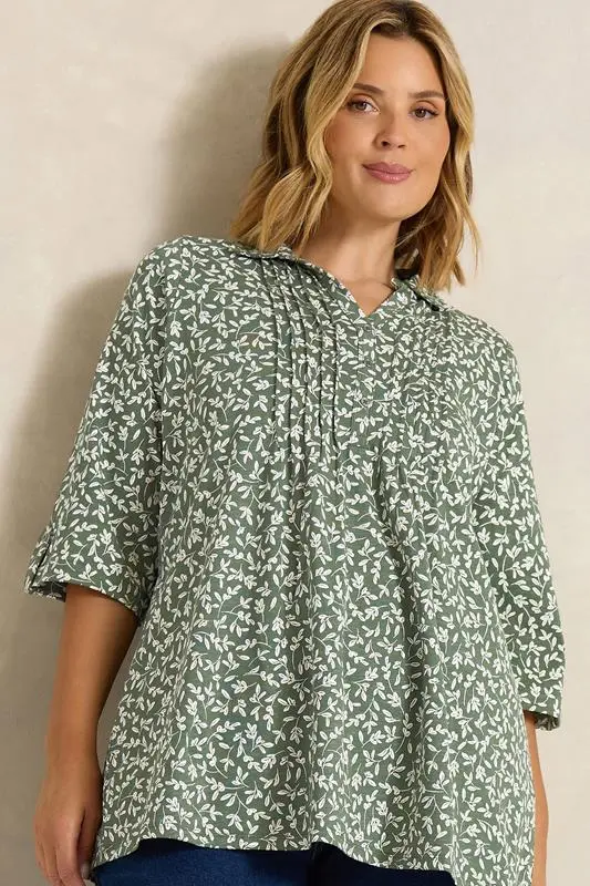 Khaki Green Floral Print Cotton Henley Top
