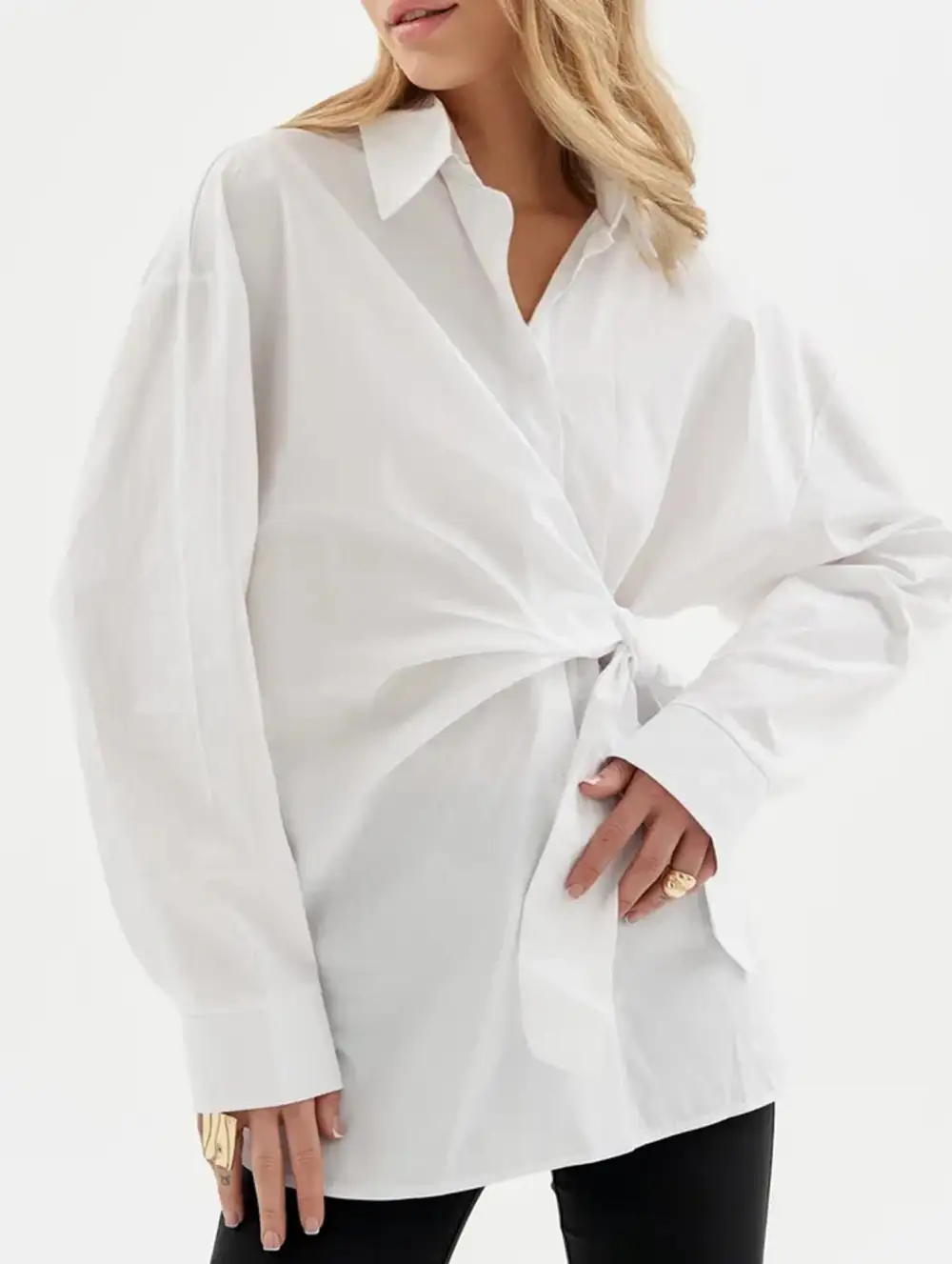 Lapel Button Tie Waist Slim Shirt