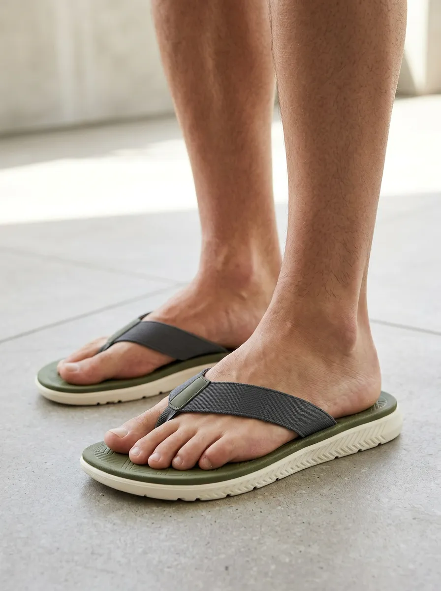 Men's Casual Summer Olive Green Fabric Strap Printed Flip Flops