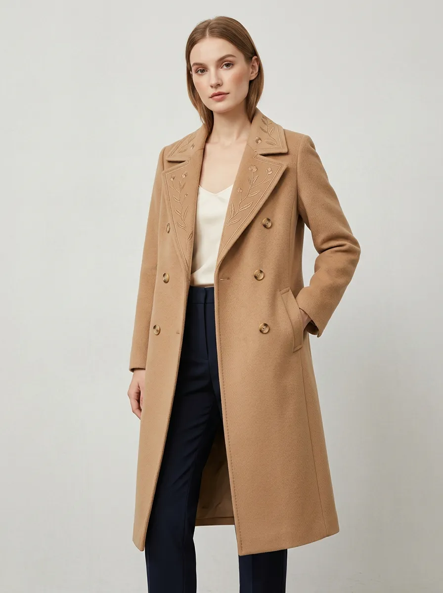 Women's Floral Embroidered Camel Pattern Coat
