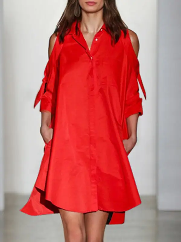 Relaxed Solid Color Split Joint Cold Shoulder Mini Dress Shirt Dress
