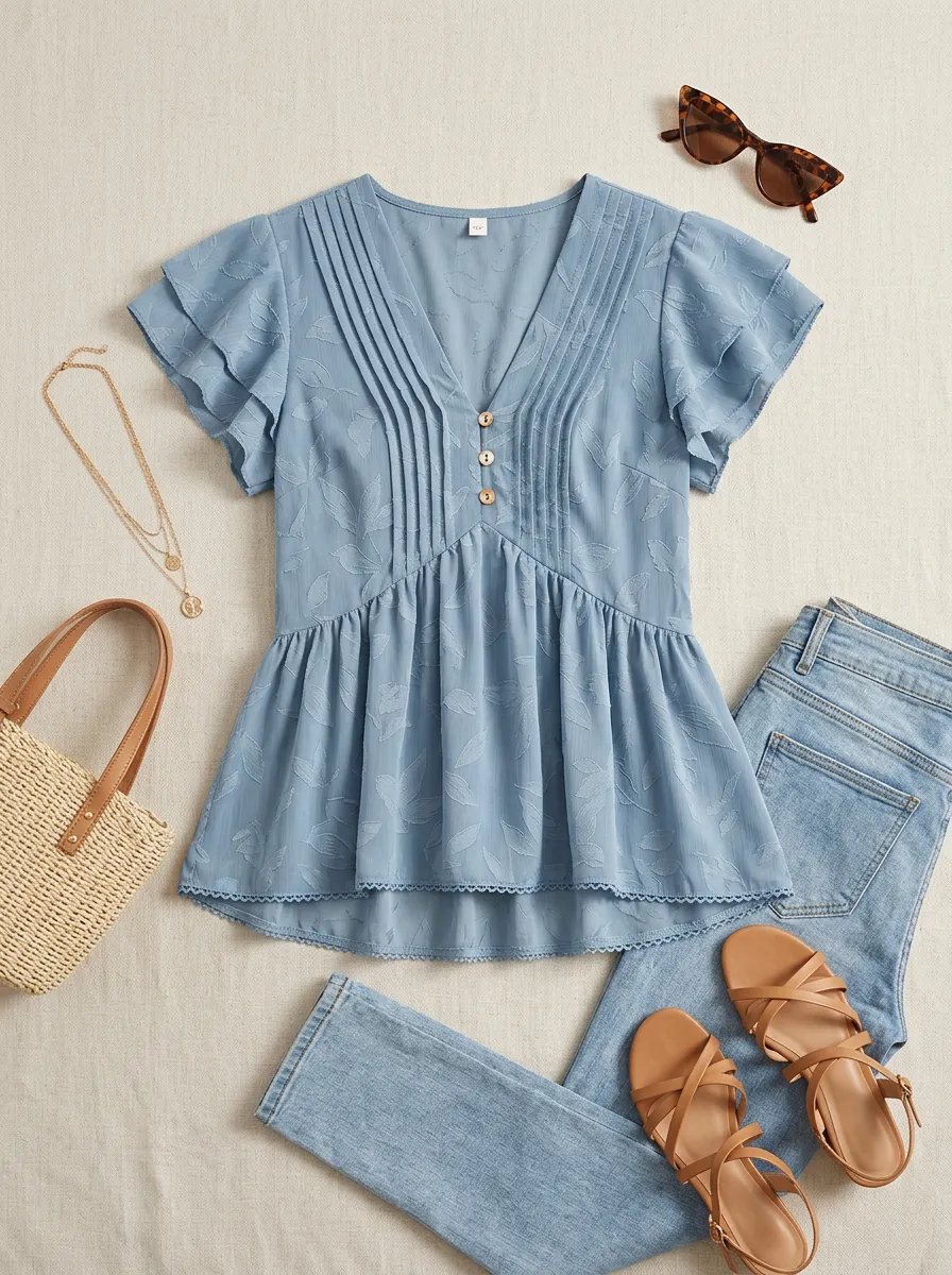 Boho Leaf Pattern Printed V-Neck Peplum Top