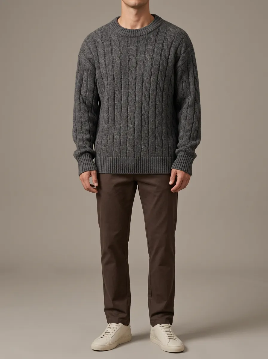 Ribbed-Hem Cable-Knit Crewneck Sweater