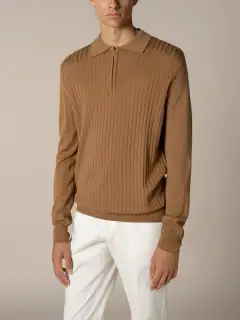 Extrafine Merino Merino Wool Zip Front Ribbed Slim Fit Construction Polo Shirt
