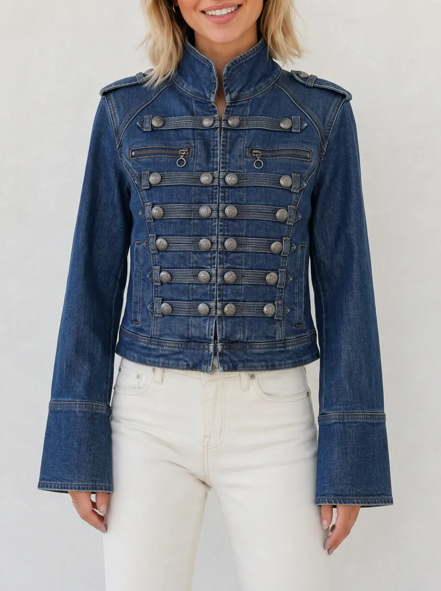 Women's Military Style Buttoned Denim Jacket
