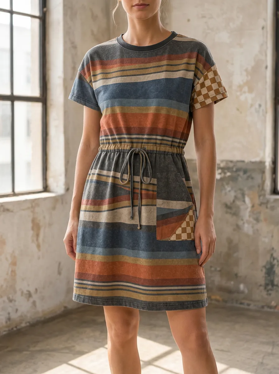 Women's Boho Striped Checkered Pocket Printed Dress