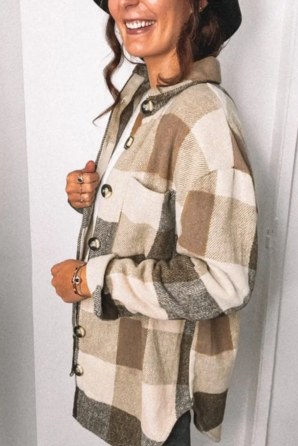 Plaid Block Button Long Sleeve Jacket With
