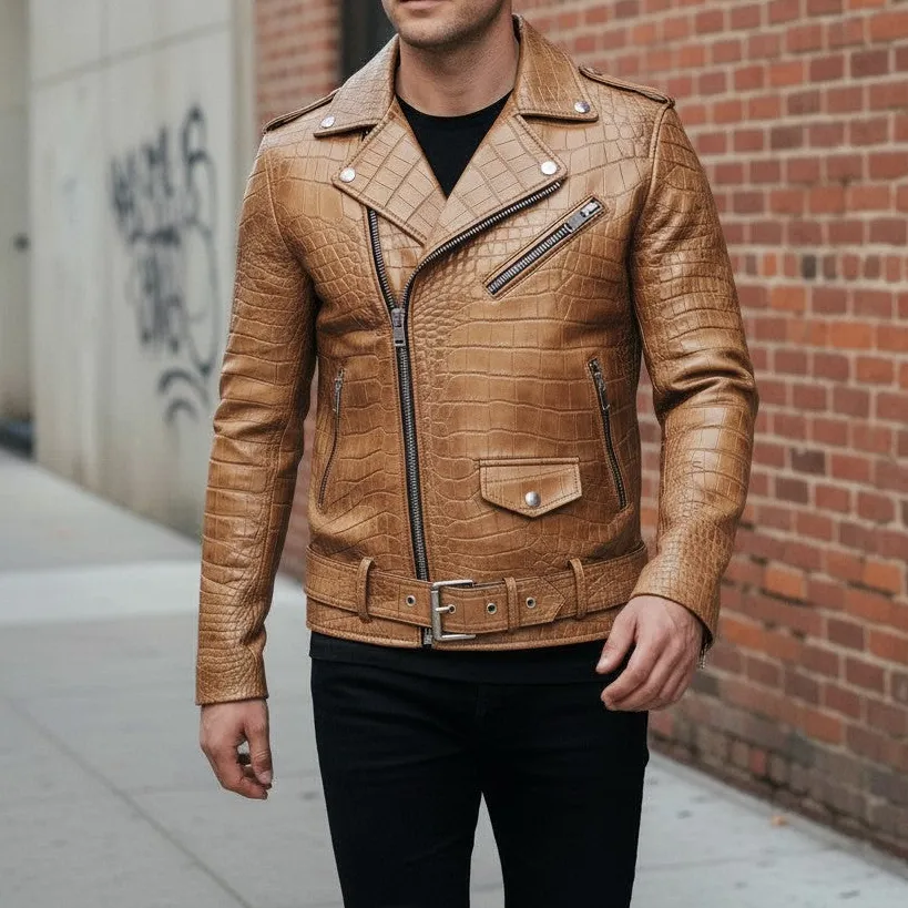Cowhide Biker Motorcycle Embossed Jacket