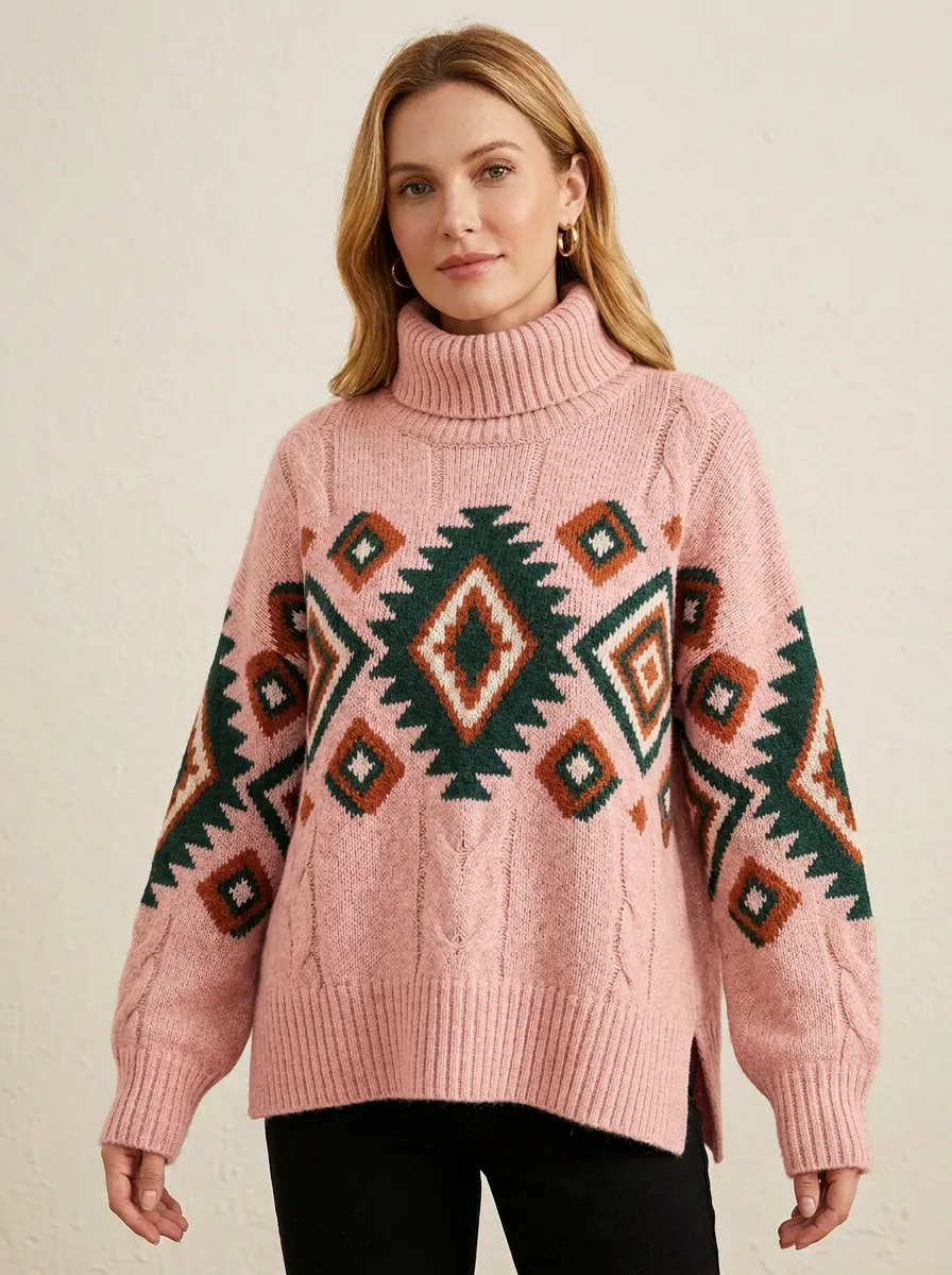 Women's Boho Geometric Pattern Printed Turtleneck Sweater