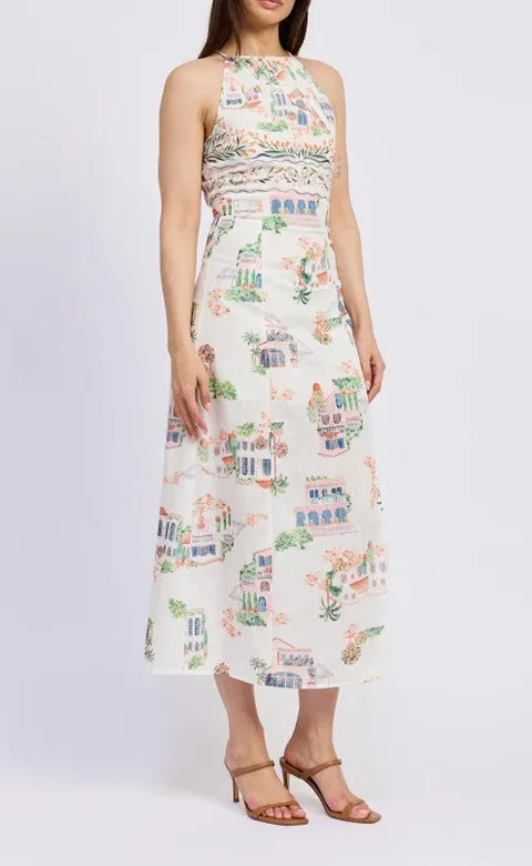 Women's White Floral Print Slit Midi Dress