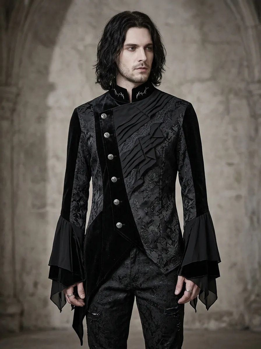 Dramatic Victorian Velvet Ruffle Design Men's Gothic Asymmetric Shirt