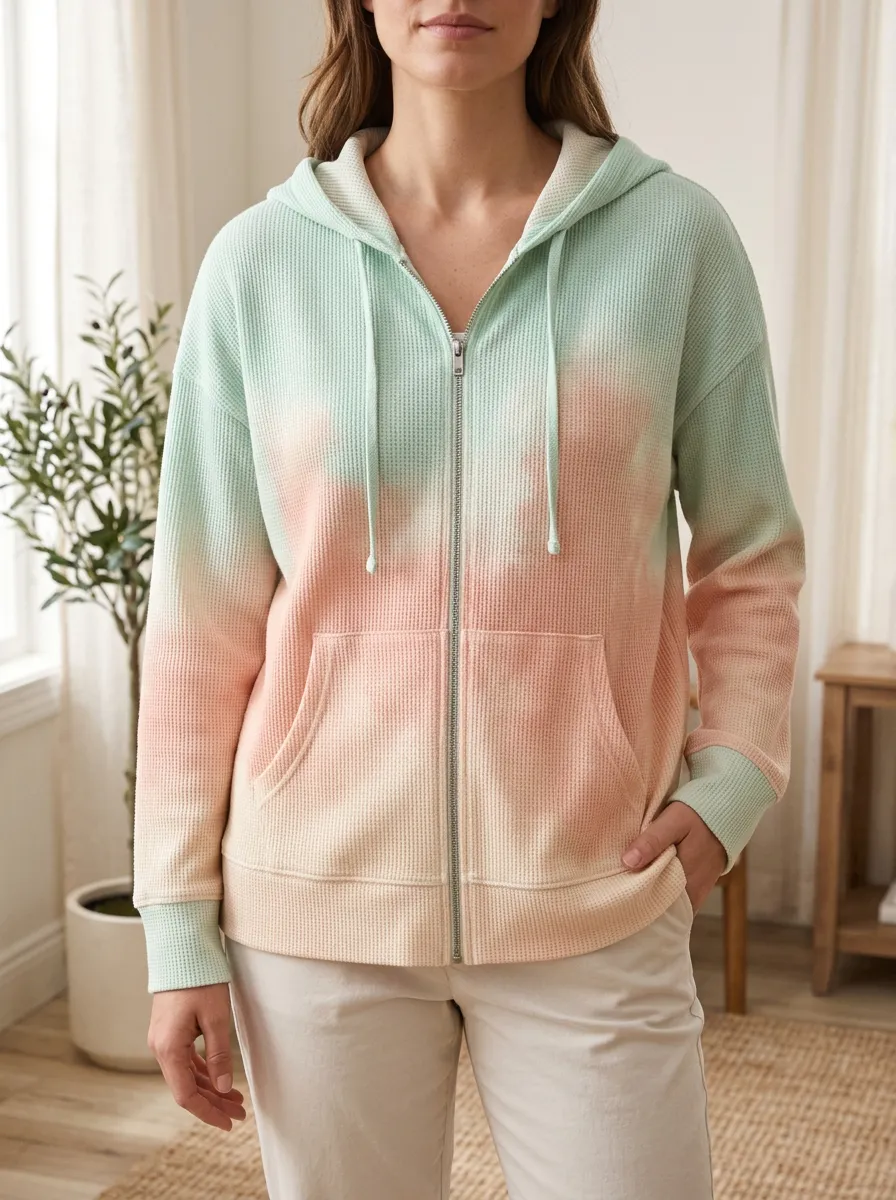 Women's Pastel Tie-Dye Signature Detail Waffle Zip-Up Hoodie