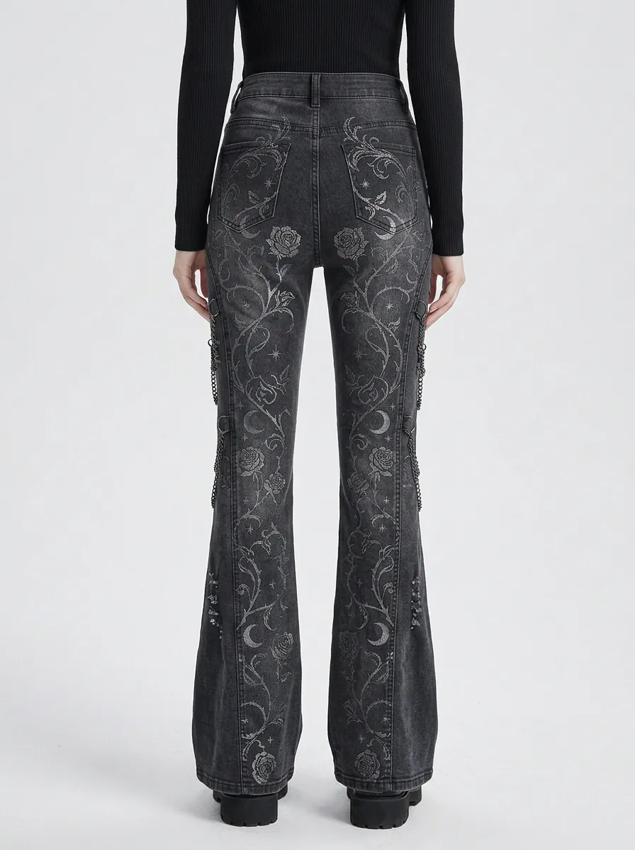 Alternative Rose Moon Floral Statement Women's Gothic Flare Jeans