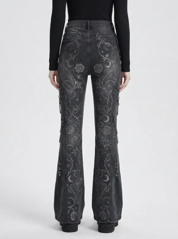 Alternative Rose Moon Floral Statement Women's Gothic Flare Jeans