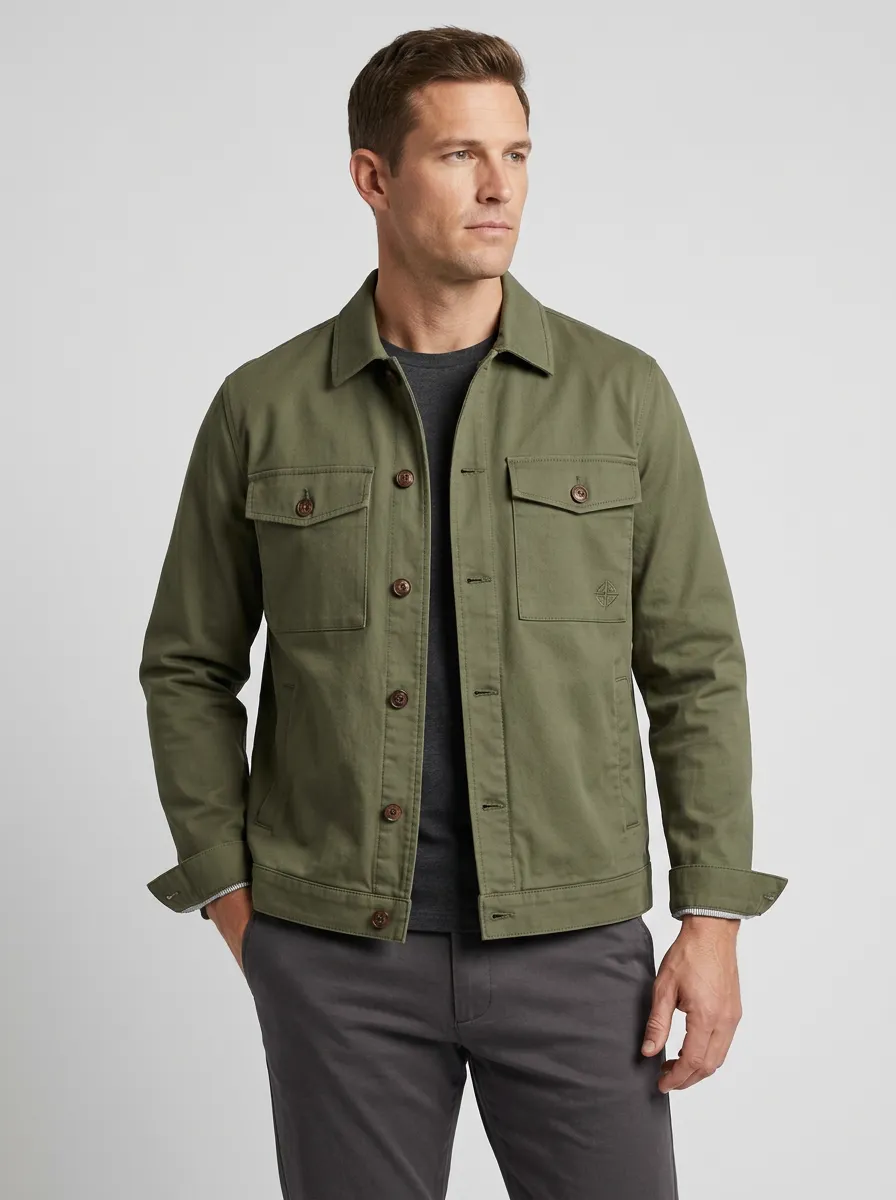 Men's Casual Military Style Olive Green Embroidered Button Jacket