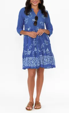 Above-Knee Abstract Cotton Tiered Pocket Embroidered V-Neck Dress