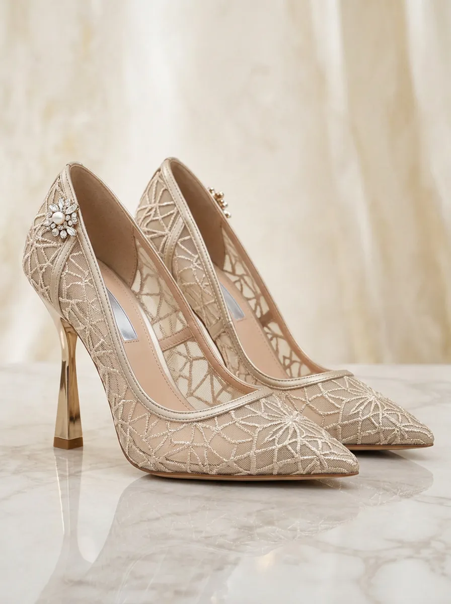 Rhinestone Pearl Floral Lace-Detail Women's Formal High Heels