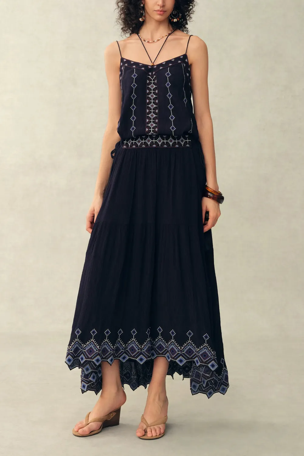 Sleeveless Strap Cross Back Embroidered Georgette Maxi Dress
