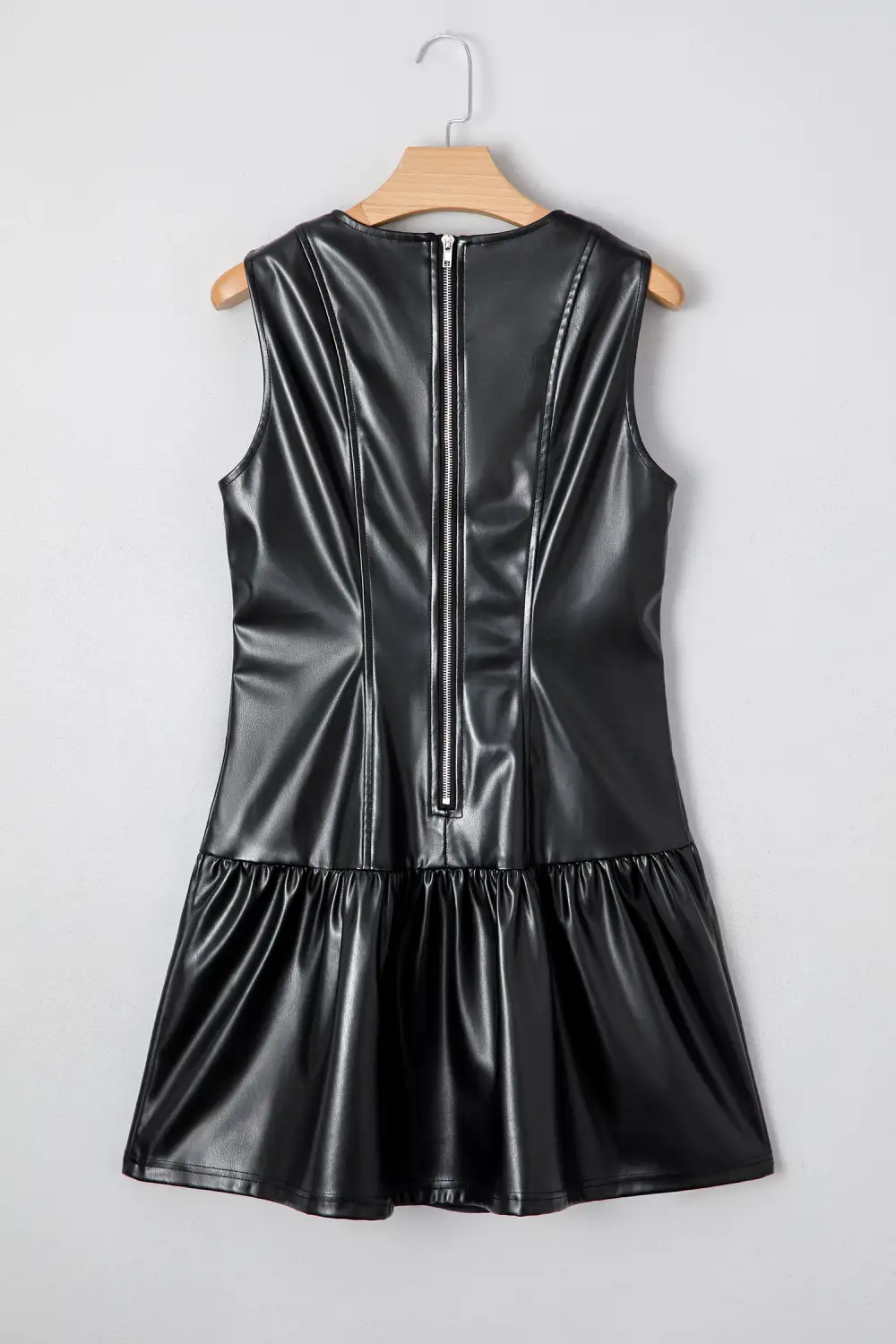 Textured Detail Faux Leather Ruffle Sleeveless Mini Dress