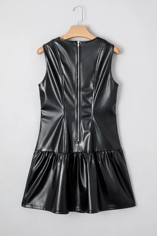 Textured Detail Faux Leather Ruffle Sleeveless Mini Dress