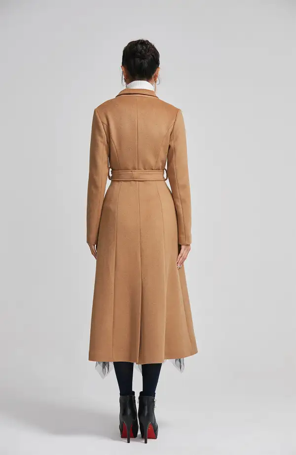 Refined Wool Blend A Line Belted Lapel Collar Pocketed Coat