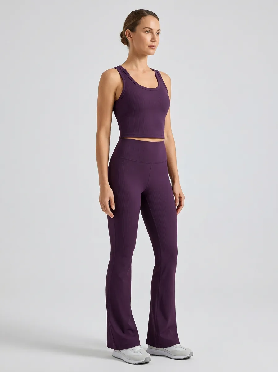 Women's Yoga Fitness Purple Ribbed Tank Top Flare Leggings Set