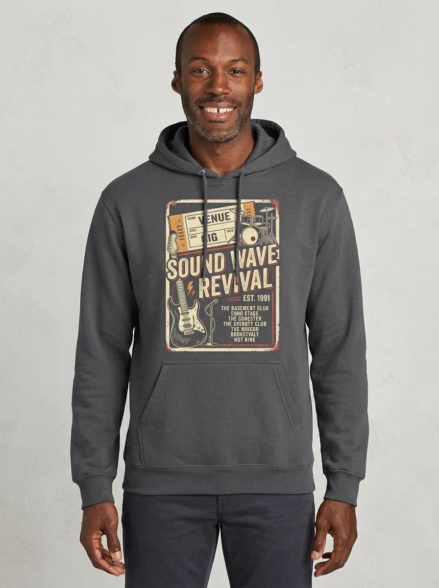 Men's Rock Music Lover Vintage Guitar Ticket Printed Hoodie