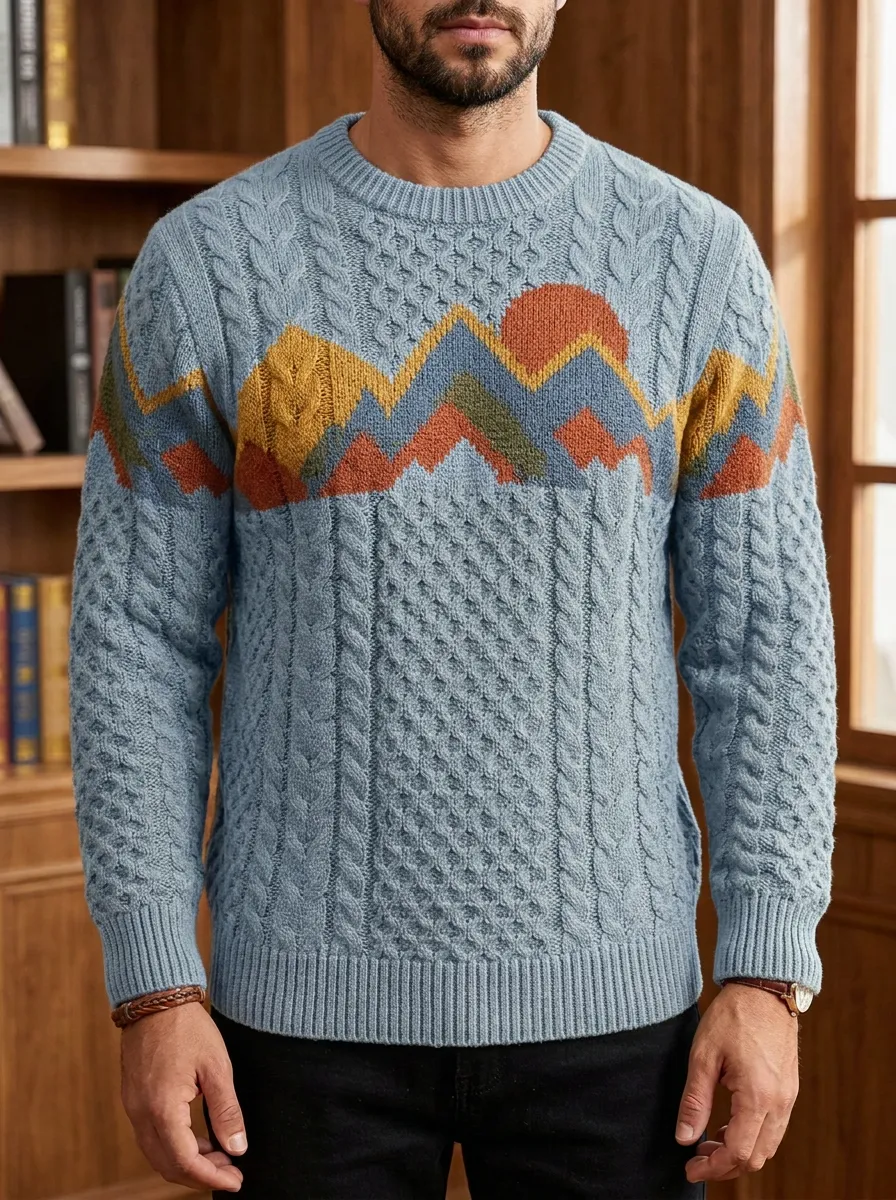 Men's Mountain Intarsia Cable Knit Sweater