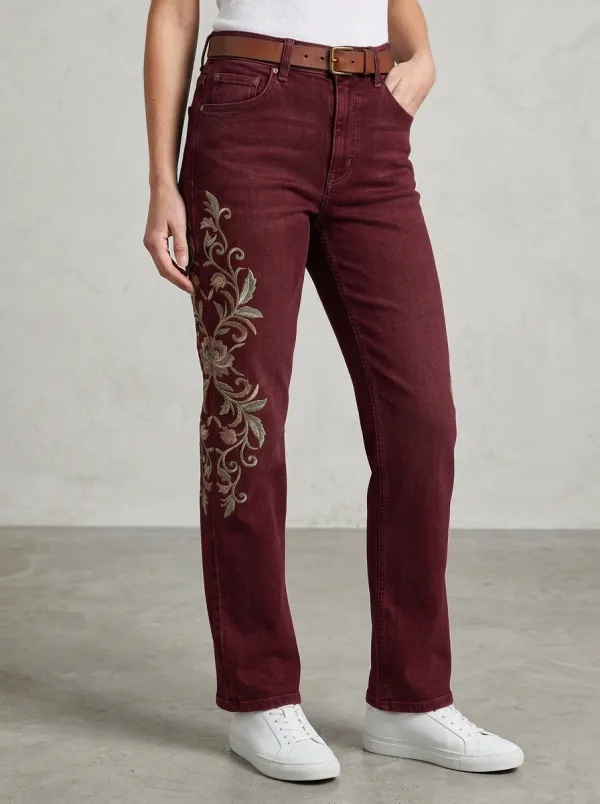 Women's Floral Pattern Embroidered Straight Leg Jeans