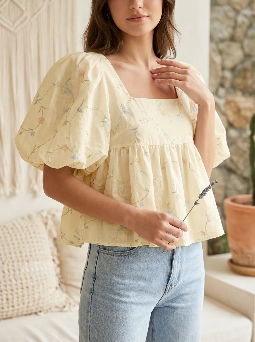 Embroidered Peplum Women's Puff-Sleeve Blouse
